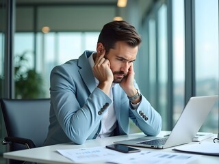 Man in blue suit stressed at desk with laptop image