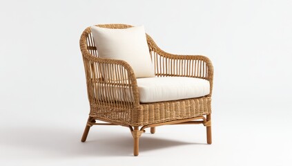 Relax in Coastal Chic: A Wicker Armchair with Creamy Cushions Beckons.