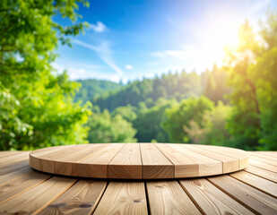 Outdoor Flat Wood Stage with Green Forest Backdrop