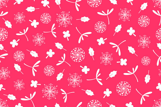 Pink, Red Christmas winter seamless pattern, snowflake, clover leaf, flower, for wrapping paper, fabric, background, clothes, book cover