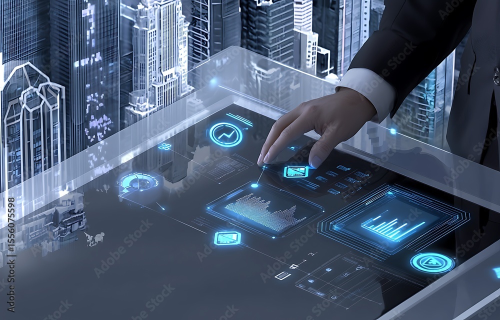 Poster hand interacting with futuristic touchscreen interface displaying data and graphics over a cityscape