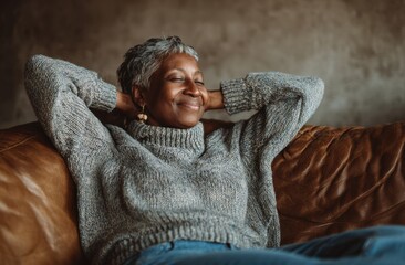 Relaxed and content, a mature woman enjoys a moment of peaceful serenity on a comfortable leather couch.