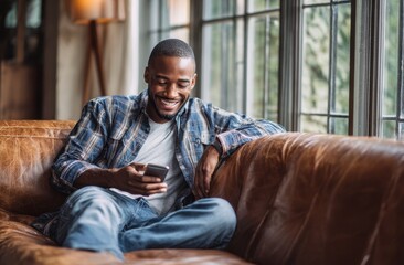 Relaxed man smiles while checking his phone on a leather couch, enjoying a moment of peaceful connection.