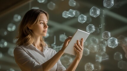Woman Using Tablet with Abstract Digital Elements and Molecular Structures in Innovative Research Environment