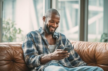 Relaxed man smiles while checking his phone, enjoying a moment of peace on a comfy leather couch.