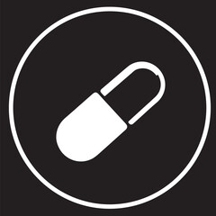 
A clean white capsule or pill icon set within a white circle on a black background, symbolizing medicine, pharmaceuticals, or health.