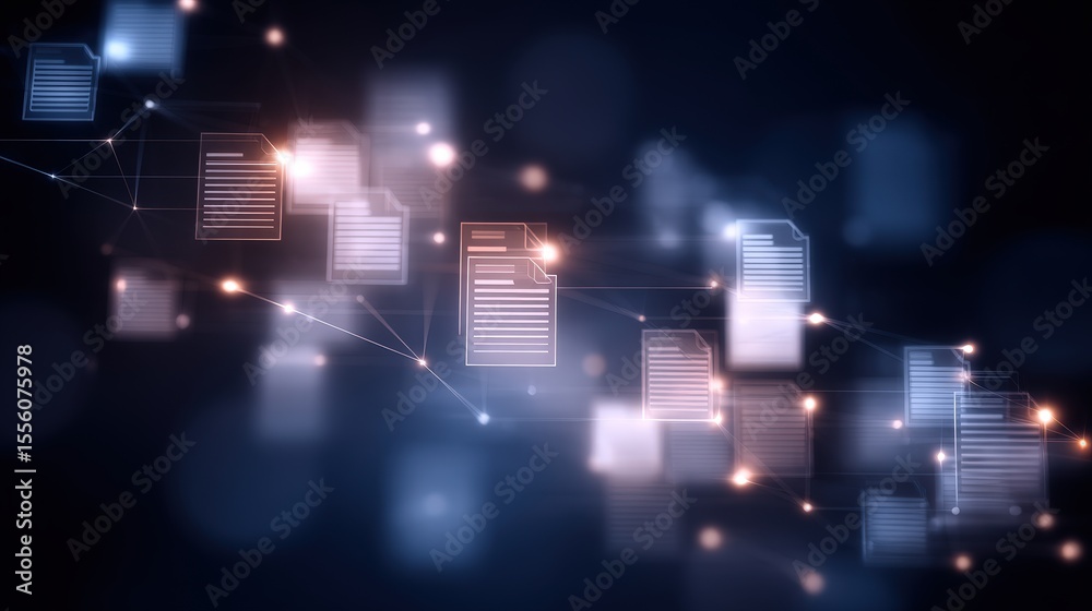 Poster abstract network grid with files and folders, futuristic software interface, digital document manage