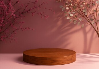 Wooden Display Pedestal with Botanical Shadows – Minimal Pink Background Product Mockup