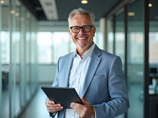 Smiling man in suit holding tablet in office hallway adult