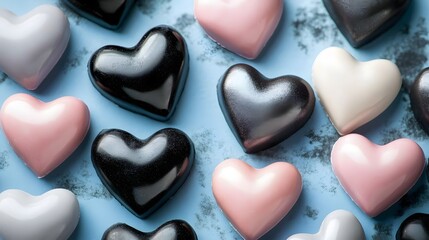 Romantic Assorted Heart-Shaped Chocolates on Blue Background