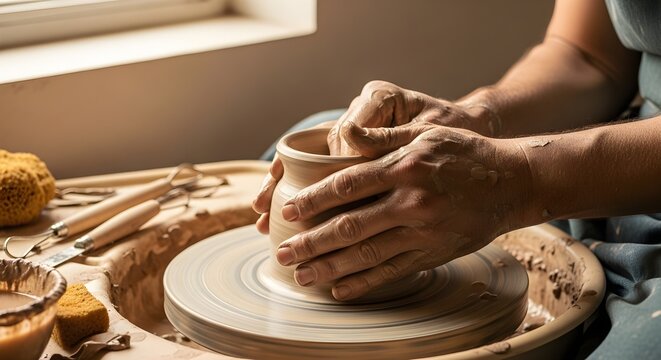 Artisan Hands Shaping Clay Vessel on Pottery Wheel: Warm Light, Detailed Texture