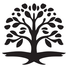 A minimalist black and white vector image of a tree with a wide, rounded canopy and visible roots, symbolizing nature, growth, or life.