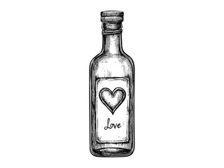 Valentine love message in bottle engraving, vintage romantic decor sketch, trendy love holiday artwork, old engraving style illustration, nostalgic gift design, heartfelt message art