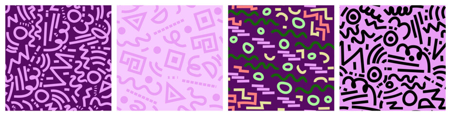 Geometric seamless patterns in Memphis style featuring vibrant shapes and colors