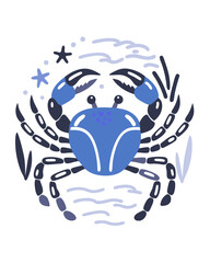 Stylized Blue Crab Illustration with Sea Elements