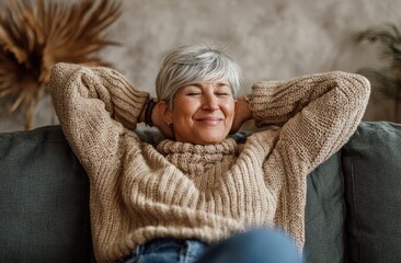 Relaxed senior woman smiles serenely, enjoying cozy comfort on her sofa in a warm, inviting home.