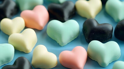 Pastel Heart Shaped Candies on Blue Background