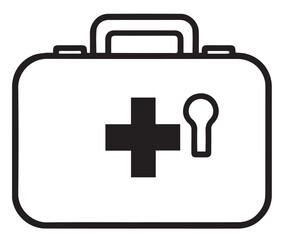 A minimalist line art vector illustration of a first aid kit, marked with a cross and a keyhole, symbolizing medical readiness and security.