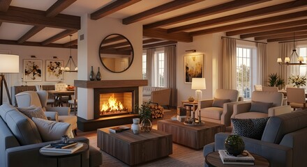 Cozy Living Room with Fireplace, Wooden Beams, and Neutral Tones