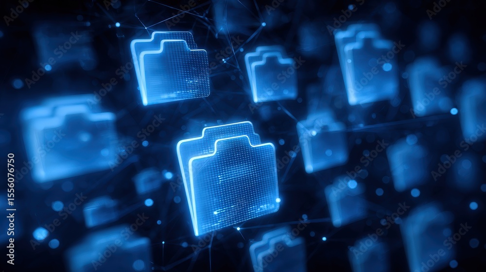 Poster abstract network grid with files and folders, futuristic software interface, digital document manage