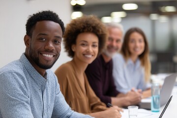 Diverse group of professionals smiling at office conference table.