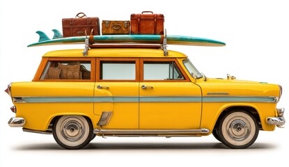 Retro Yellow Woodie Wagon Loaded for a Surf Trip Adventure
