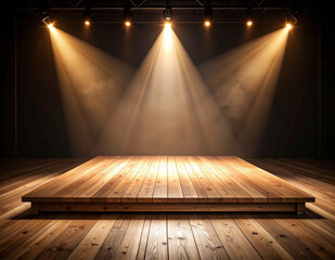 Flat Wooden Stage with Dramatic Spotlight in Empty Dark Room