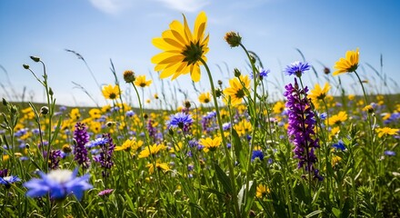 Vibrant Wildflower Meadow Under Blue Sky: Nature's Colorful Symphony