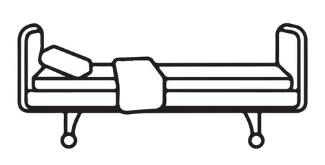 A clean line art vector illustration of a hospital bed with a pillow and blanket, symbolizing medical care, rest, or recovery.