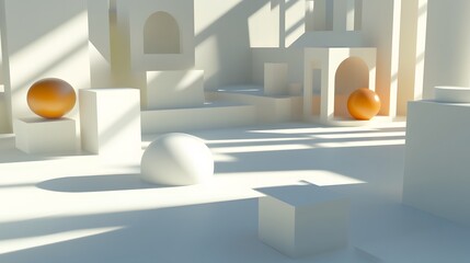 Minimalist 3D Render Abstract Scene with Spheres and Geometric Shapes