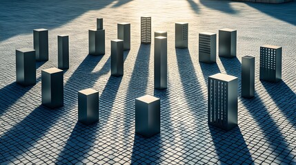 Abstract Cityscape, Geometric Metal Blocks in Sunlit Plaza