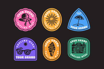 Naklejka premium beach picnic items vintage badge logo set with sunhat, sun, beach umbrella, glasses, ice cream, camera. summer holiday retro label patch sticker collection including beach items, drinks, treats