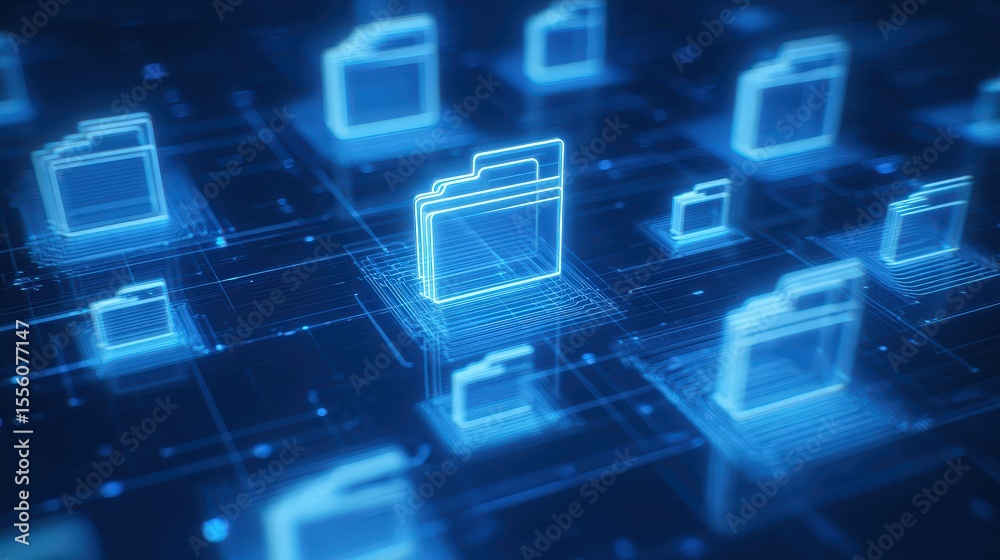 Poster abstract network grid with files and folders, futuristic software interface, digital document manage