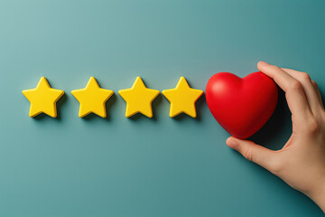 Exceptional Rating A Hand Placing a Red Heart Next to Four Yellow Stars on a Blue Background in a Customer Satisfaction and Feedback Concept