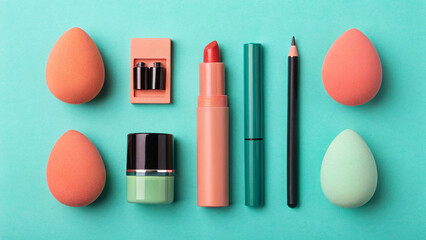 A flatlay image showcases an assortment of makeup products and beauty tools arranged on a teal background