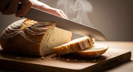 Freshly Sliced Artisan Bread, Steam Rising, Close-Up Detail