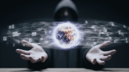 Fototapeta premium Cybersecurity Defender: A hooded figure, illuminated against a dark background, cradles a glowing orb representing the digital world, symbolizing protection and the fight against cyber threats.