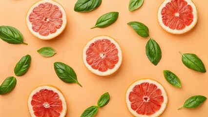 Sliced grapefruits and fresh green basil leaves are arranged in a flat lay pattern on a peach-colored background.