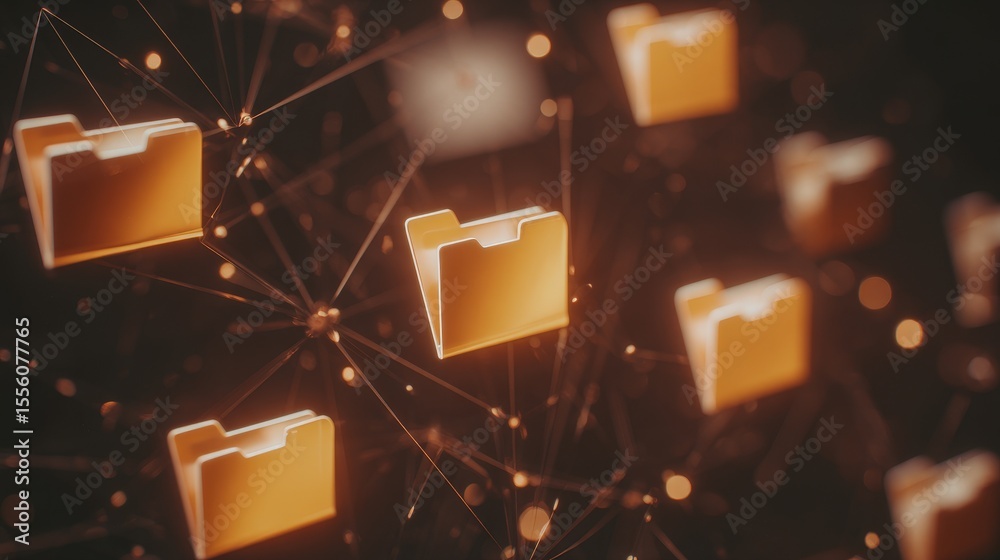 Poster abstract network grid with files and folders, futuristic software interface, digital document manage
