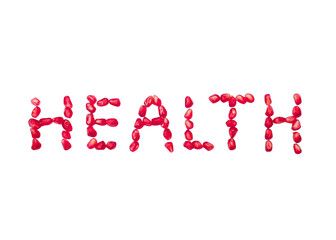 Word “HEALTH” formed with pomegranate seeds / fruit, transparent PNG. Wellness, organic, healthy lifestyle, food theme.