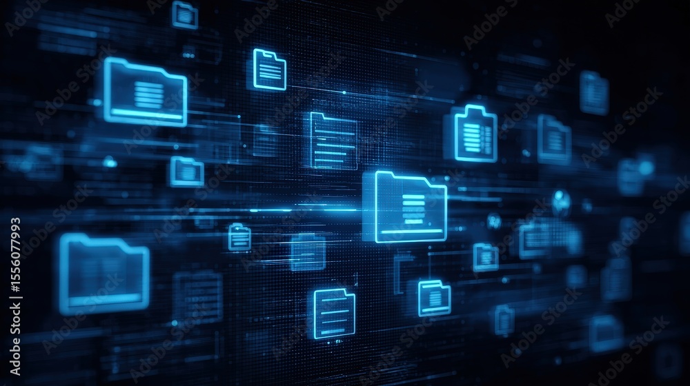 Poster abstract network grid with files and folders, futuristic software interface, digital document manage