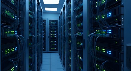 Data Center Server Room: Rows of Servers with Blue and Green Lights