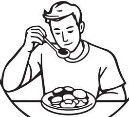 
A man enjoys a meal with a spoon and plate.
