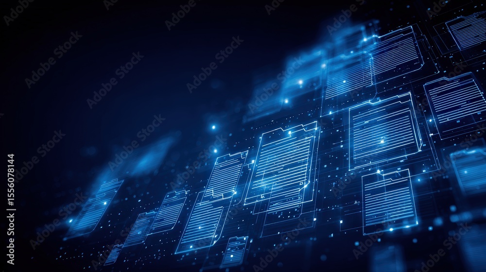 Poster abstract network grid with files and folders, futuristic software interface, digital document manage