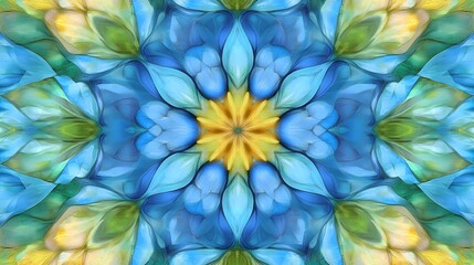 Abstract Blue Yellow Green Floral Kaleidoscope Mandala