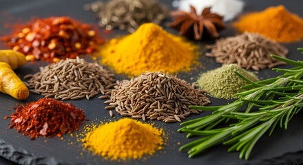 Aromatic Spice and Herb Still Life: Vibrant Turmeric, Cumin, and Rosemary on Dark Slate