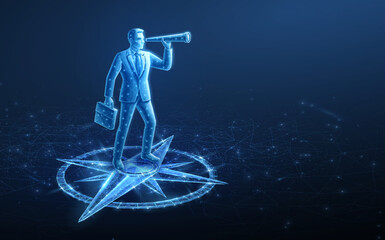A businessman with telescope and compass. Visionary leader, business opportunity concept, career growth.