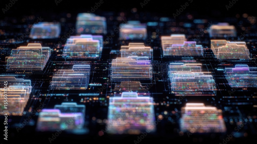 Poster abstract network grid with files and folders, futuristic software interface, digital document manage