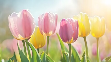 Pastel Pink and Yellow Tulips Spring Bloom Field
