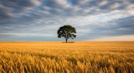 Solitary Tree in a Golden Wheat Field Under a Dramatic Sky